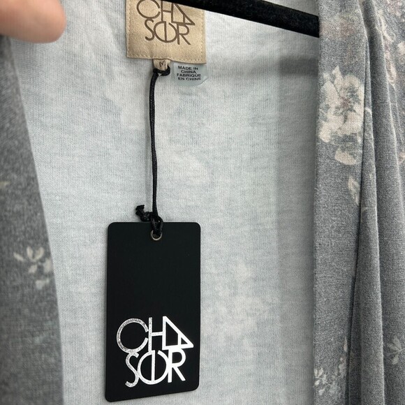 NWT CHASER Gray Vintage Floral Print Puff Sleeve Open Cardigan Sweater Medium - Picture 4 of 5